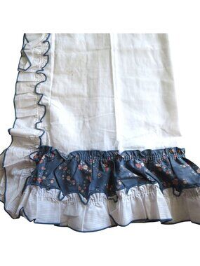 Pair of 2 Vintage Cotton Curtain Panel Blue Floral Ruffle White Cotton 31"x38"ea